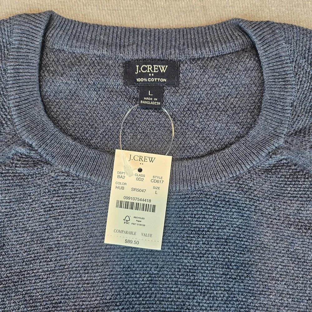 J.Crew Crewneck Sweater Men's Large Blue 100% Cotton Textured Raglan L CD617